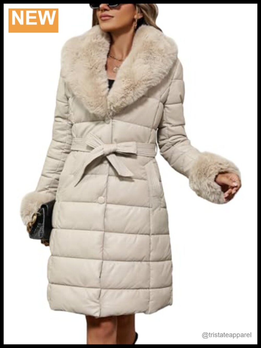 Faux Leather Quilted Puffer Long Winter Coat with Belt and Faux Fur Collar